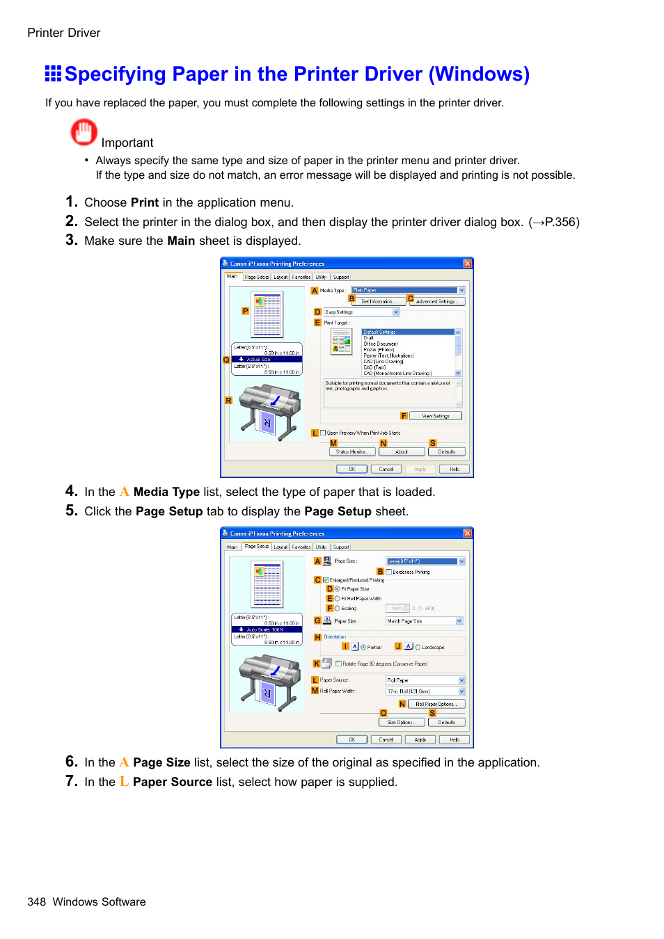 Specifying paper in the printer driver (windows) | Canon imagePROGRAF iPF605 User Manual | Page 362 / 578