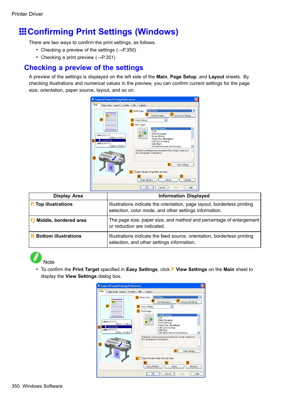 Confirming print settings (windows), Conrming print settings (windows), Checking a preview of the settings | Canon imagePROGRAF iPF605 User Manual | Page 364 / 578