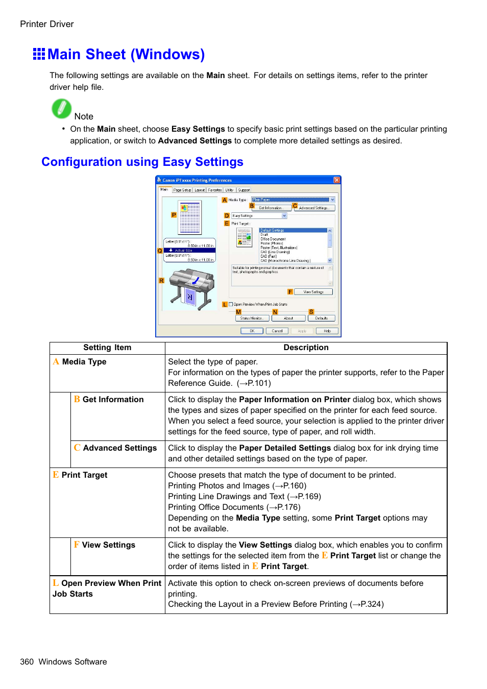 Main sheet (windows), Conguration using easy settings | Canon imagePROGRAF iPF605 User Manual | Page 374 / 578
