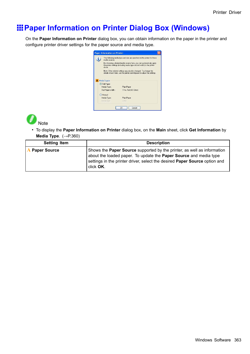 Paper information on printer dialog box (windows) | Canon imagePROGRAF iPF605 User Manual | Page 377 / 578