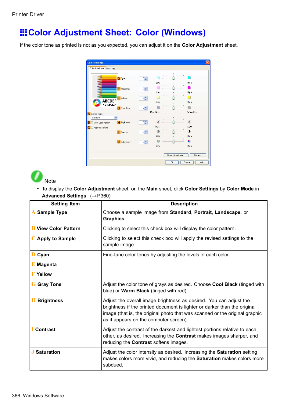 Color adjustment sheet: color (windows) | Canon imagePROGRAF iPF605 User Manual | Page 380 / 578