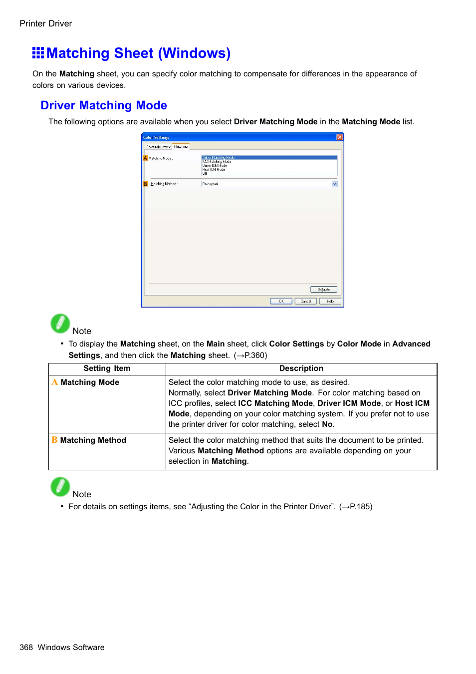 Matching sheet (windows), Driver matching mode | Canon imagePROGRAF iPF605 User Manual | Page 382 / 578