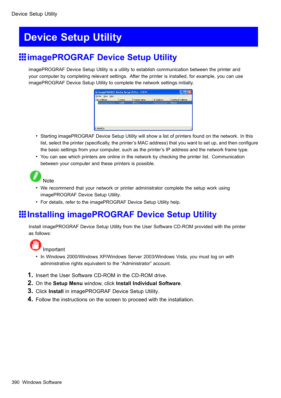 Device setup utility, Imageprograf device setup utility, Installing imageprograf device setup utility | Canon imagePROGRAF iPF605 User Manual | Page 404 / 578