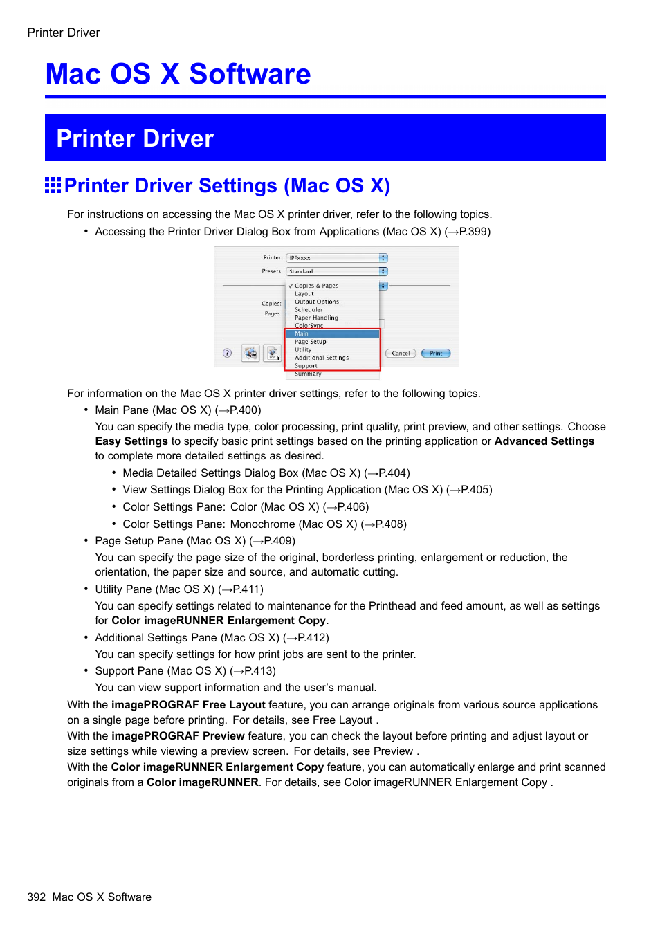 Mac os x software, Printer driver, Printer driver settings (mac os x) | Canon imagePROGRAF iPF605 User Manual | Page 406 / 578