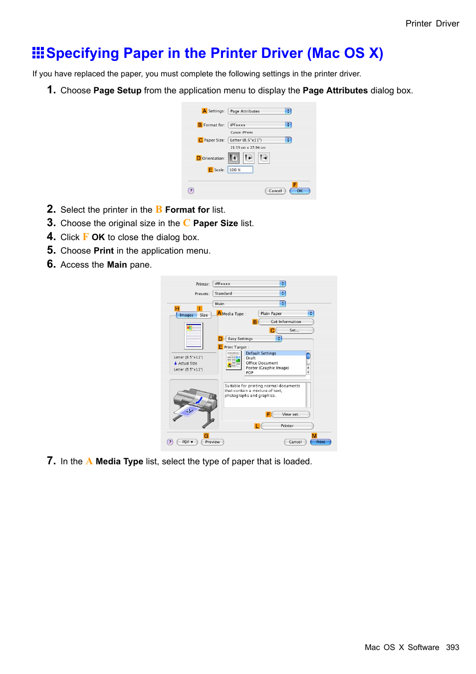 Specifying paper in the printer driver (mac os x) | Canon imagePROGRAF iPF605 User Manual | Page 407 / 578