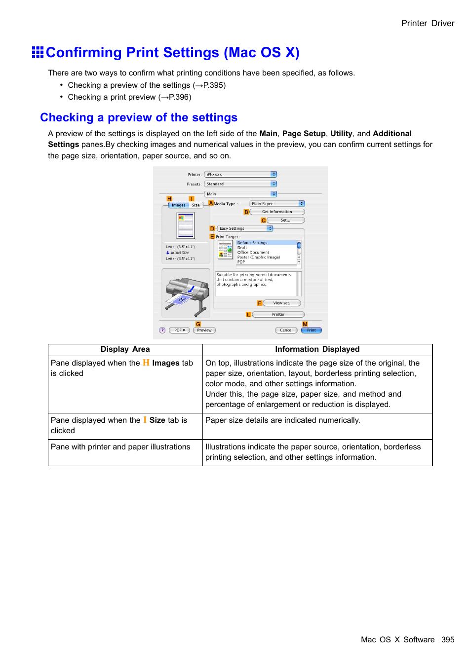 Confirming print settings (mac os x), Conrming print settings (mac os x), Checking a preview of the settings | Canon imagePROGRAF iPF605 User Manual | Page 409 / 578