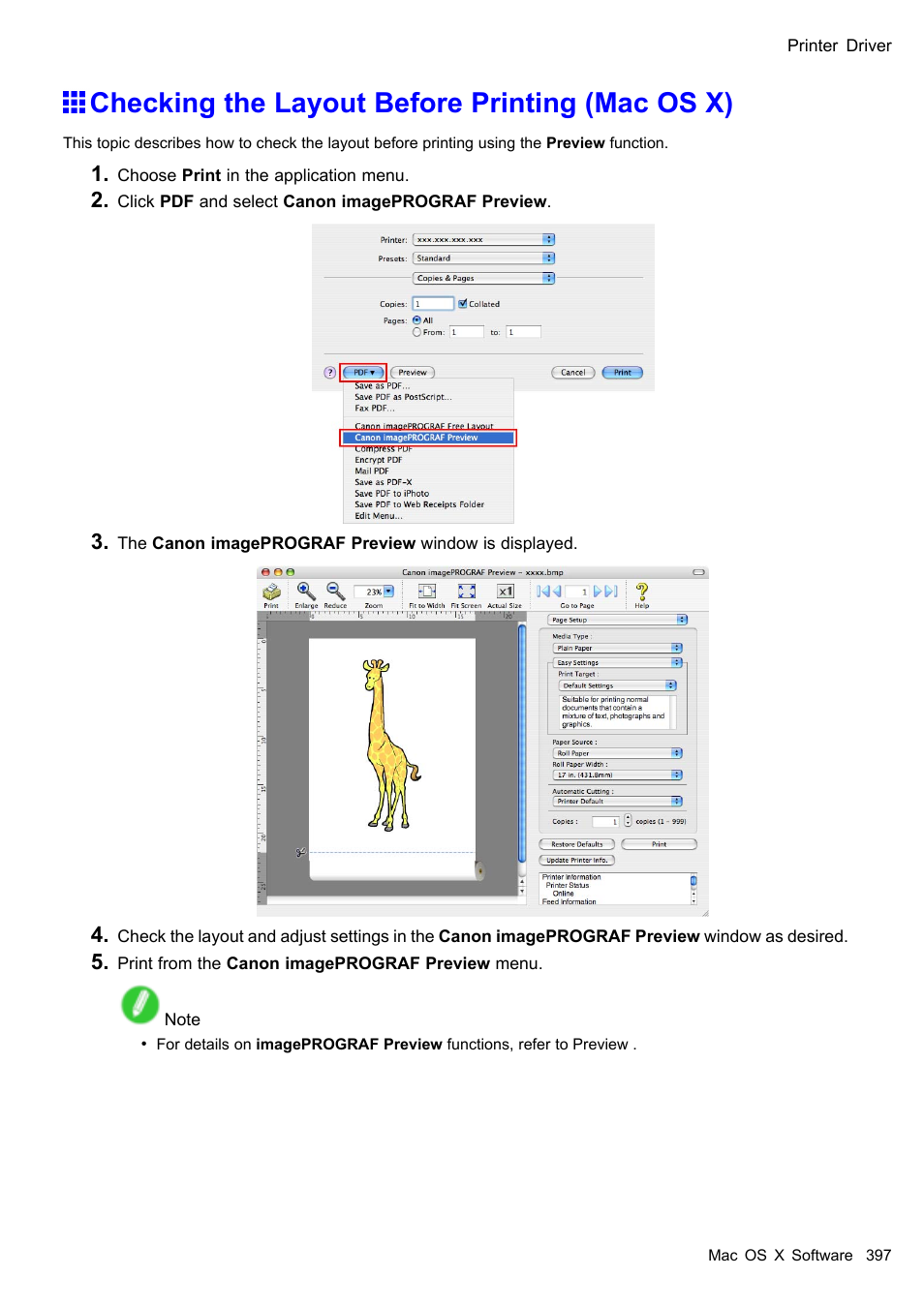 Checking the layout before printing (mac os x) | Canon imagePROGRAF iPF605 User Manual | Page 411 / 578