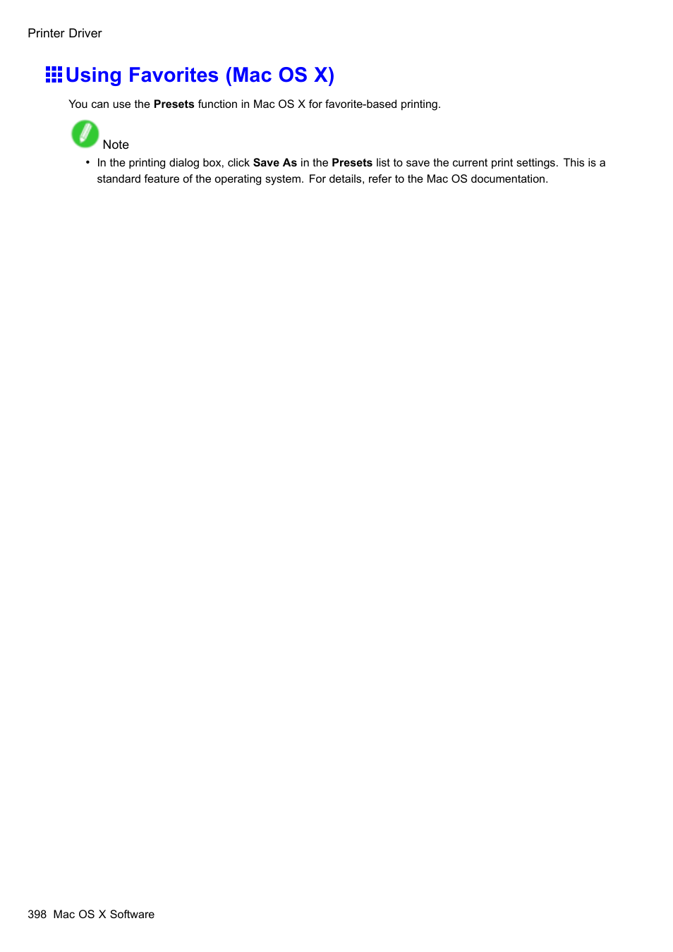 Using favorites (mac os x) | Canon imagePROGRAF iPF605 User Manual | Page 412 / 578