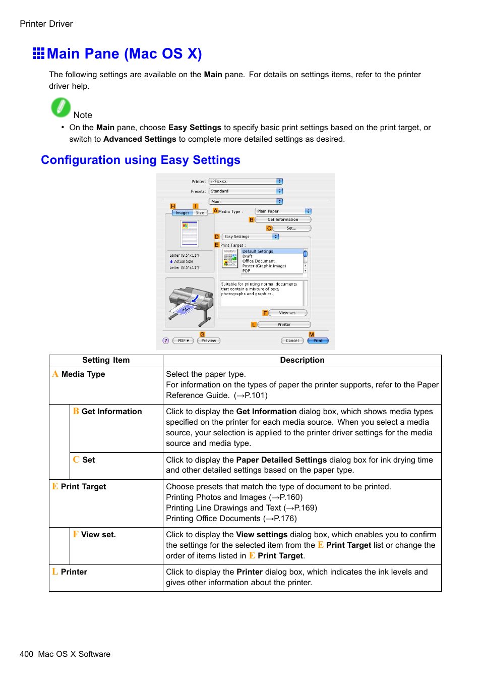 Main pane (mac os x), Conguration using easy settings | Canon imagePROGRAF iPF605 User Manual | Page 414 / 578