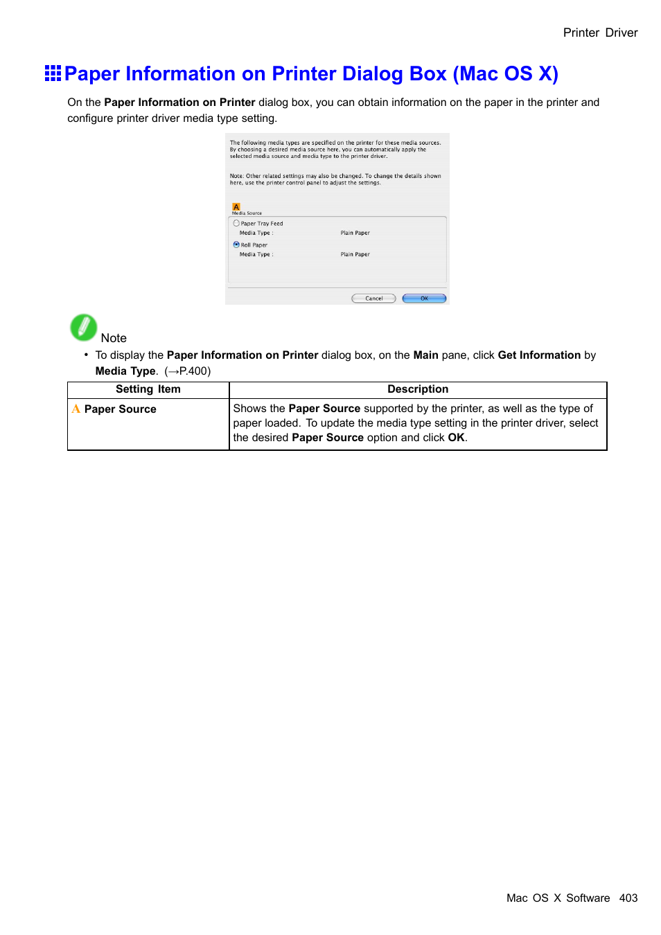 Paper information on printer dialog box (mac os x) | Canon imagePROGRAF iPF605 User Manual | Page 417 / 578