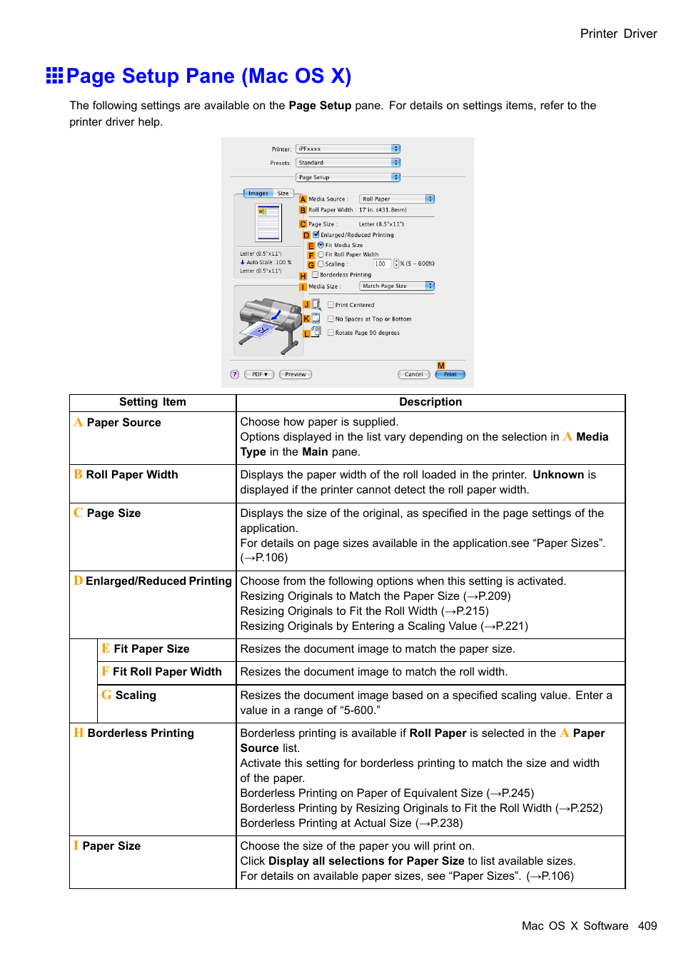 Page setup pane (mac os x) | Canon imagePROGRAF iPF605 User Manual | Page 423 / 578