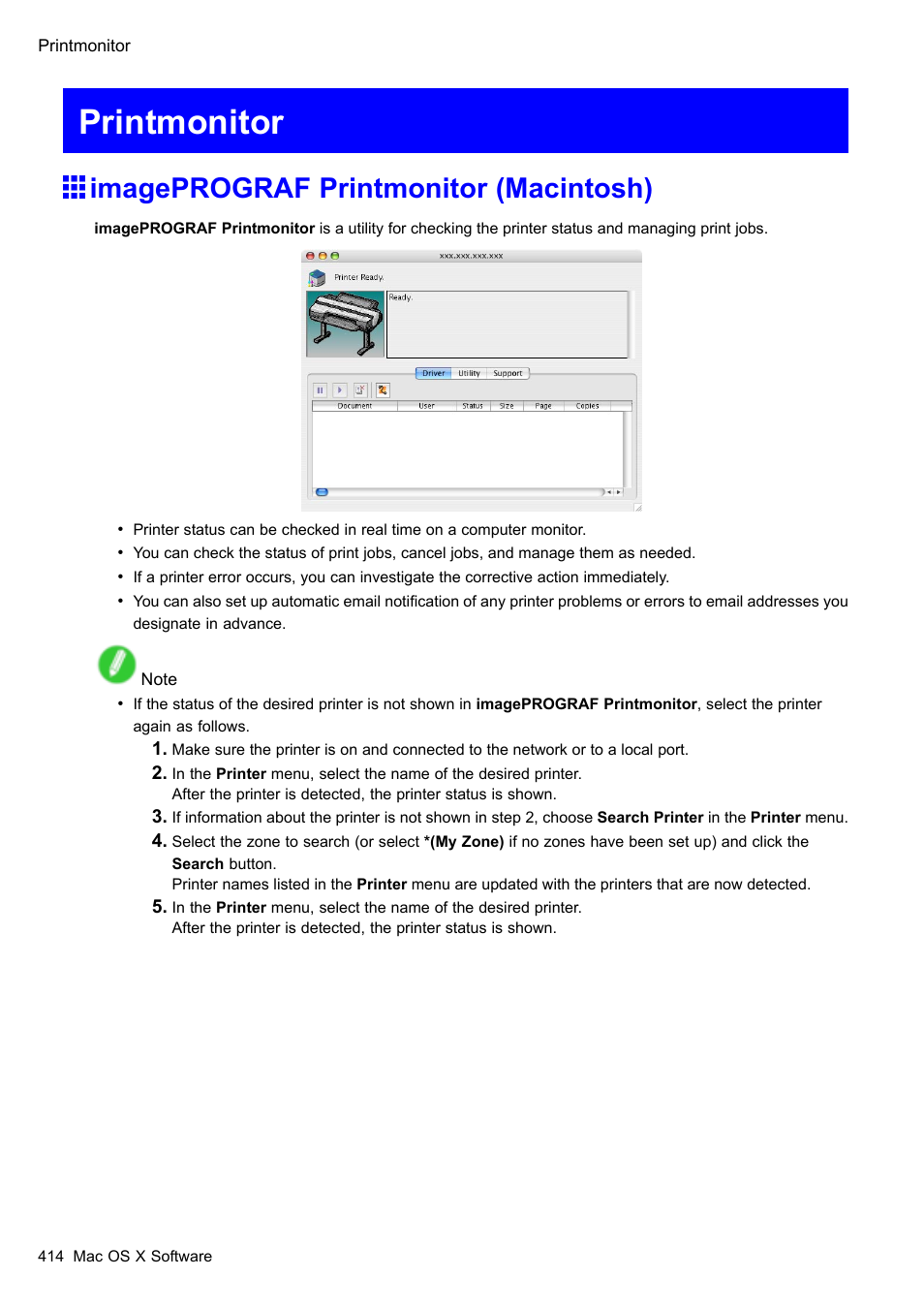Printmonitor, Imageprograf printmonitor (macintosh) | Canon imagePROGRAF iPF605 User Manual | Page 428 / 578