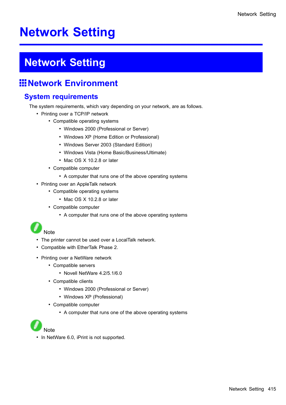 Network setting, Network environment, System requirements | Canon imagePROGRAF iPF605 User Manual | Page 429 / 578