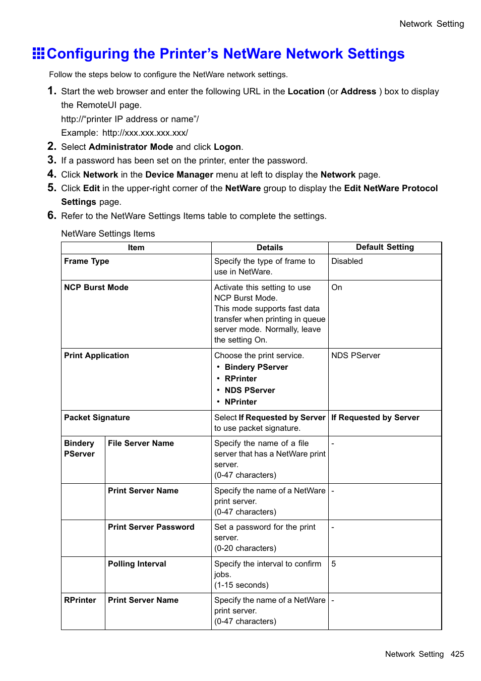 Configuring the printer's netware network settings, Conguring the printer’s netware network settings | Canon imagePROGRAF iPF605 User Manual | Page 439 / 578