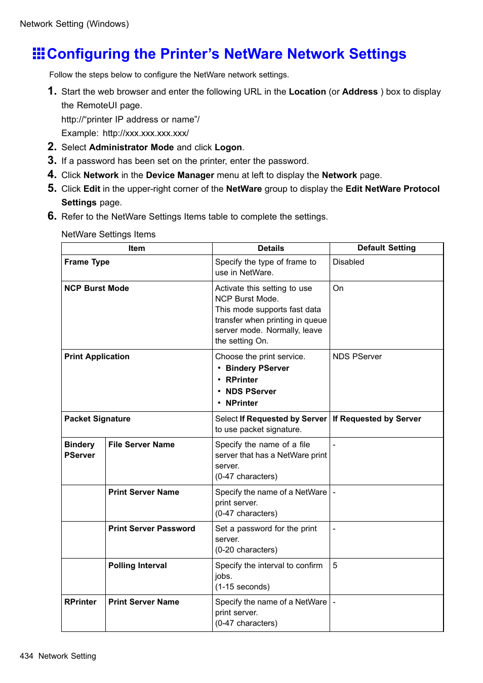 Configuring the printer's netware network settings, Conguring the printer’s netware network settings | Canon imagePROGRAF iPF605 User Manual | Page 448 / 578