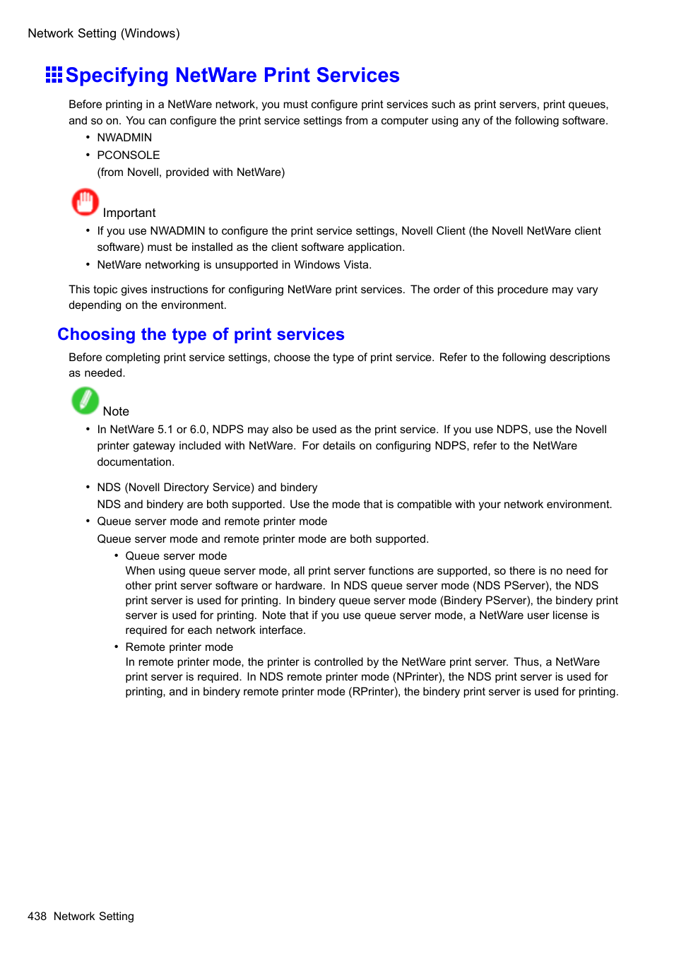Specifying netware print services, Choosing the type of print services | Canon imagePROGRAF iPF605 User Manual | Page 452 / 578
