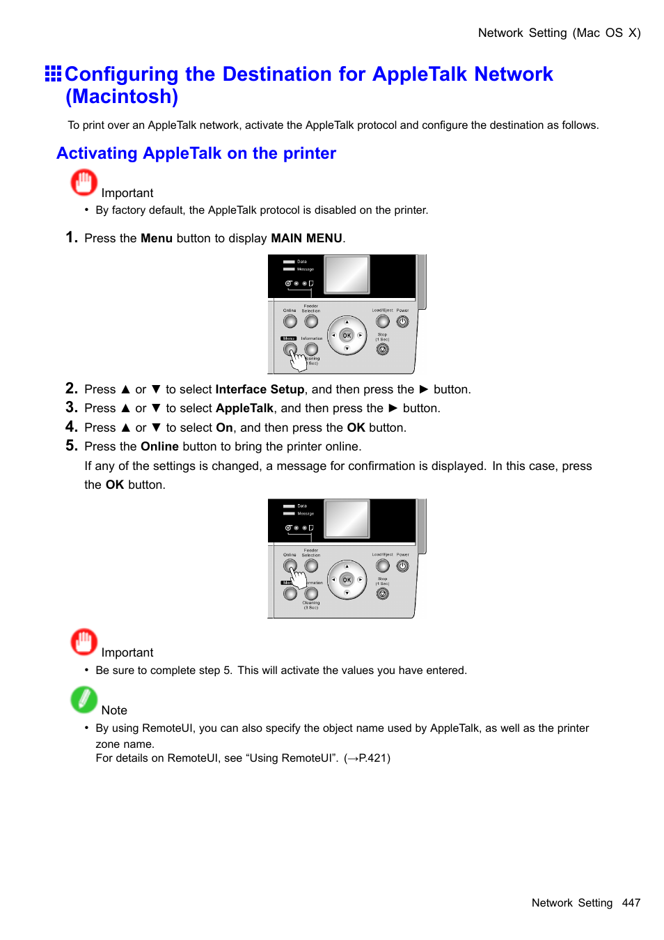 Activating appletalk on the printer | Canon imagePROGRAF iPF605 User Manual | Page 461 / 578
