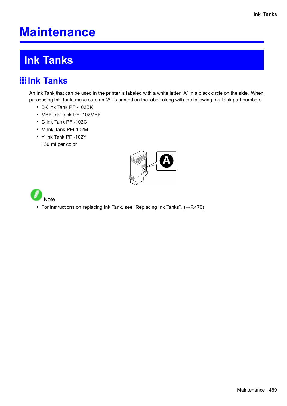 Maintenance, Ink tanks | Canon imagePROGRAF iPF605 User Manual | Page 483 / 578
