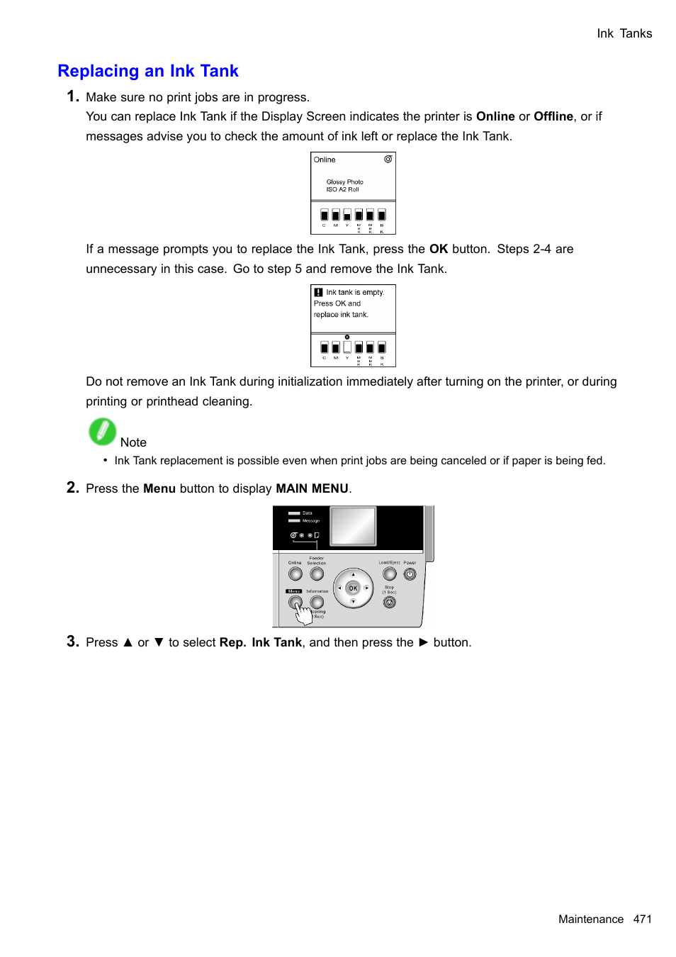 Replacing an ink tank | Canon imagePROGRAF iPF605 User Manual | Page 485 / 578