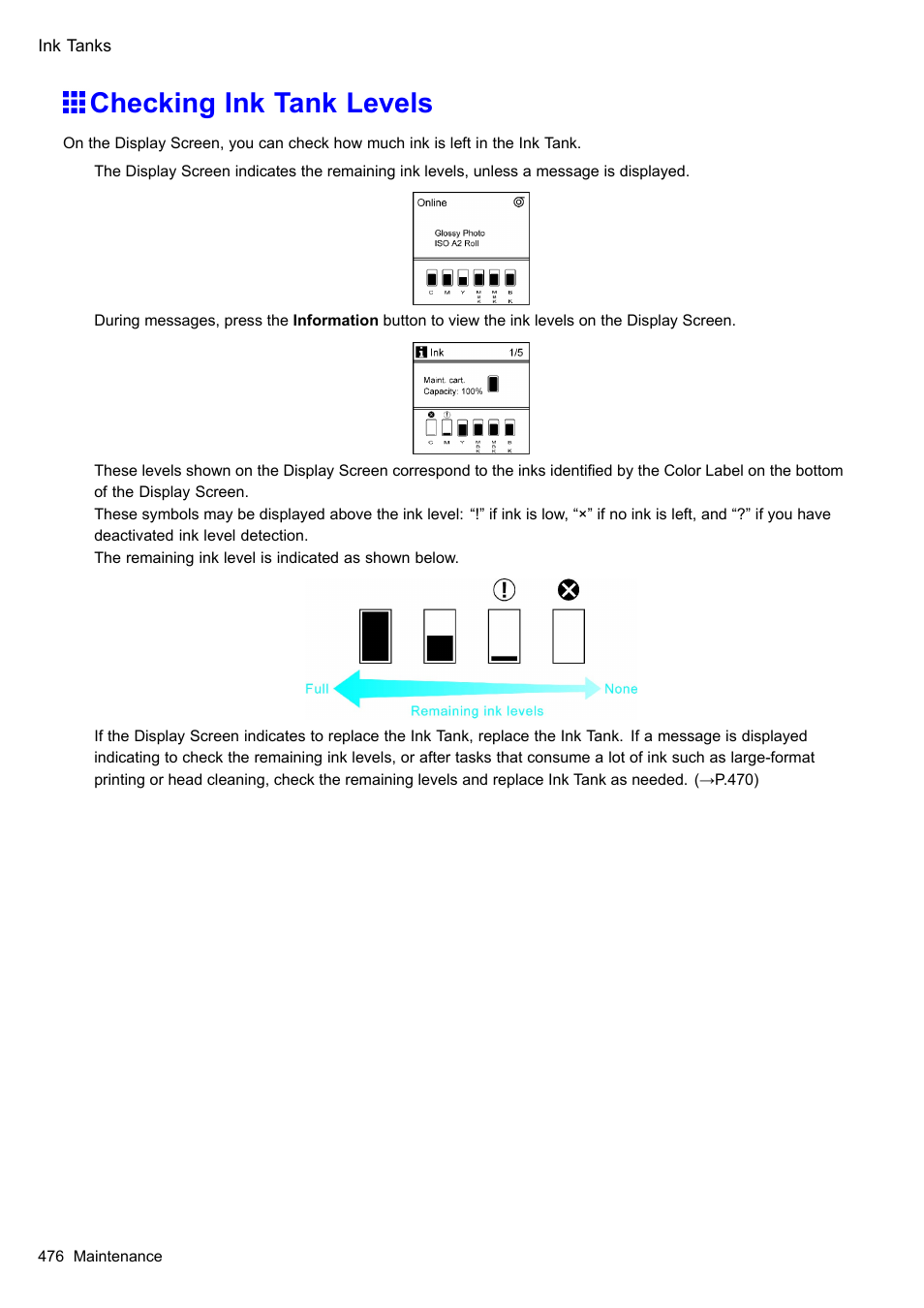 Checking ink tank levels | Canon imagePROGRAF iPF605 User Manual | Page 490 / 578