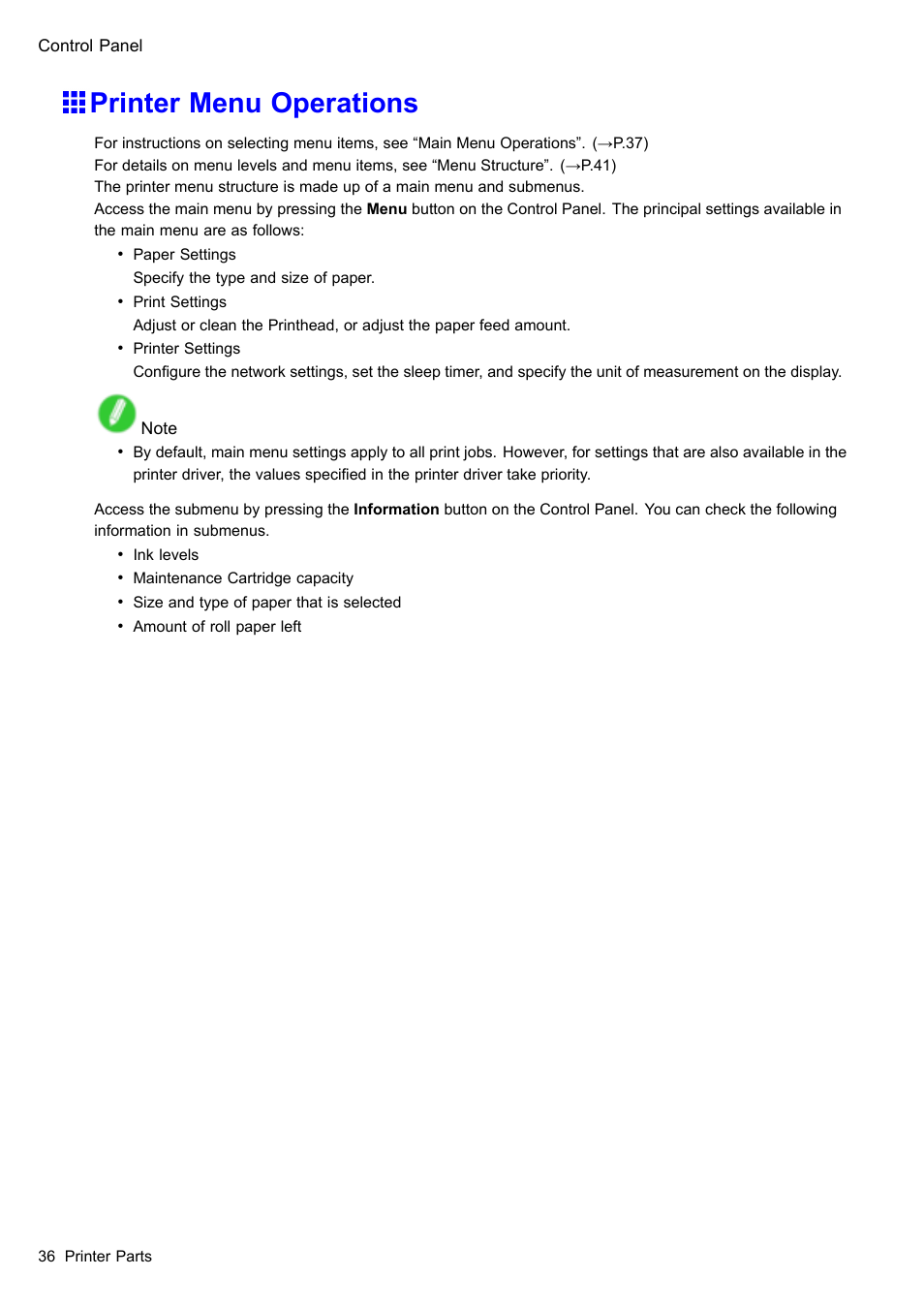 Printer menu operations | Canon imagePROGRAF iPF605 User Manual | Page 50 / 578