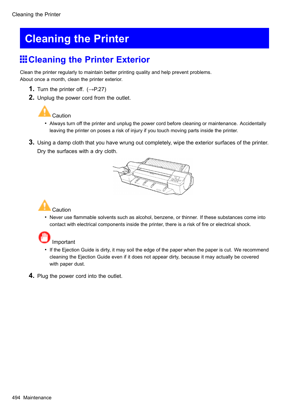 Cleaning the printer, Cleaning the printer exterior | Canon imagePROGRAF iPF605 User Manual | Page 508 / 578