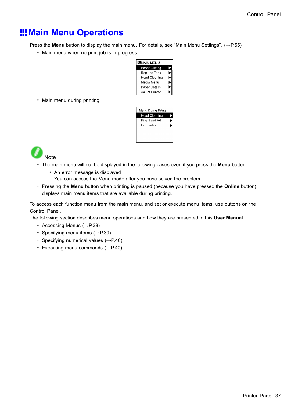 Main menu operations | Canon imagePROGRAF iPF605 User Manual | Page 51 / 578