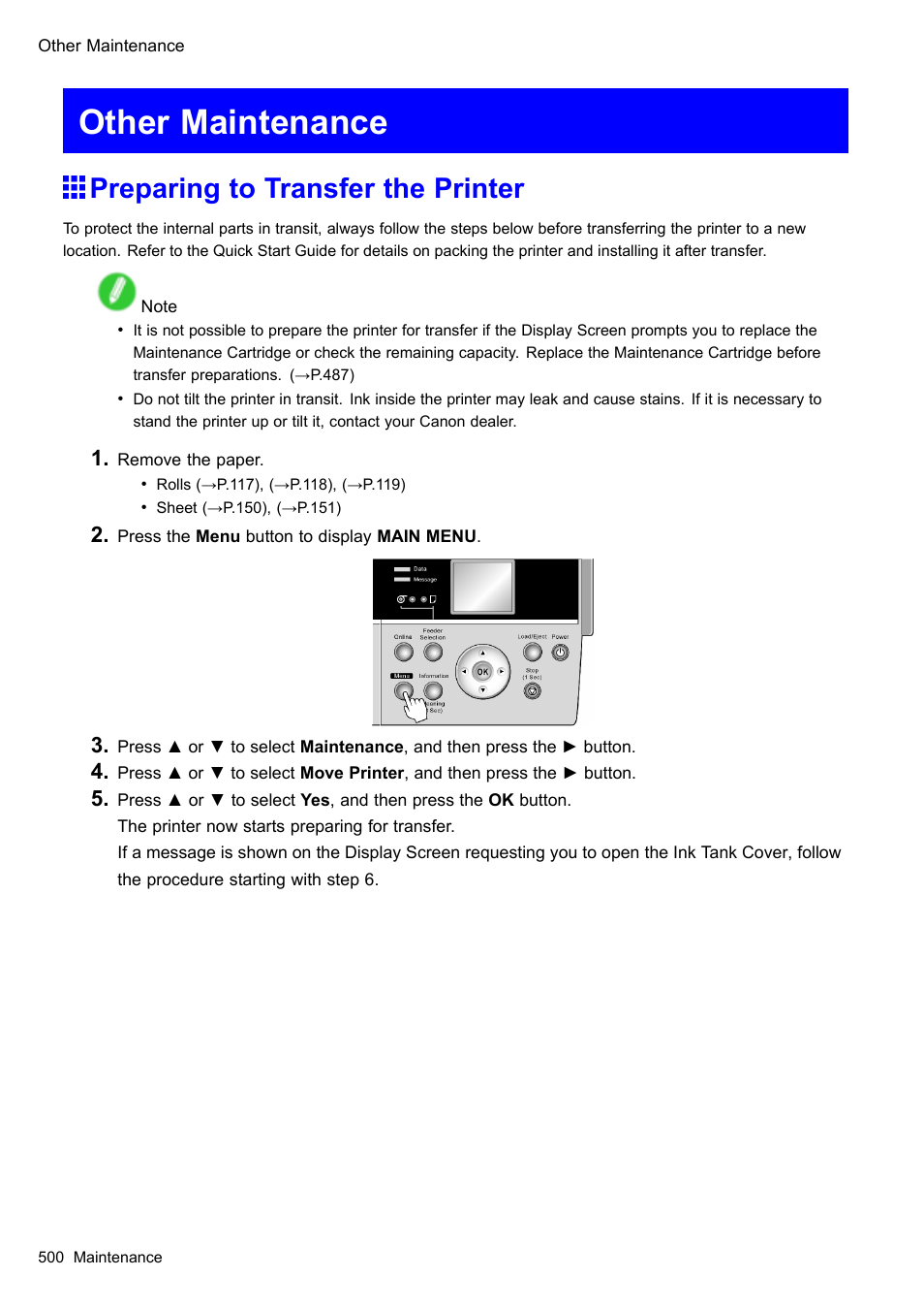 Other maintenance, Preparing to transfer the printer | Canon imagePROGRAF iPF605 User Manual | Page 514 / 578