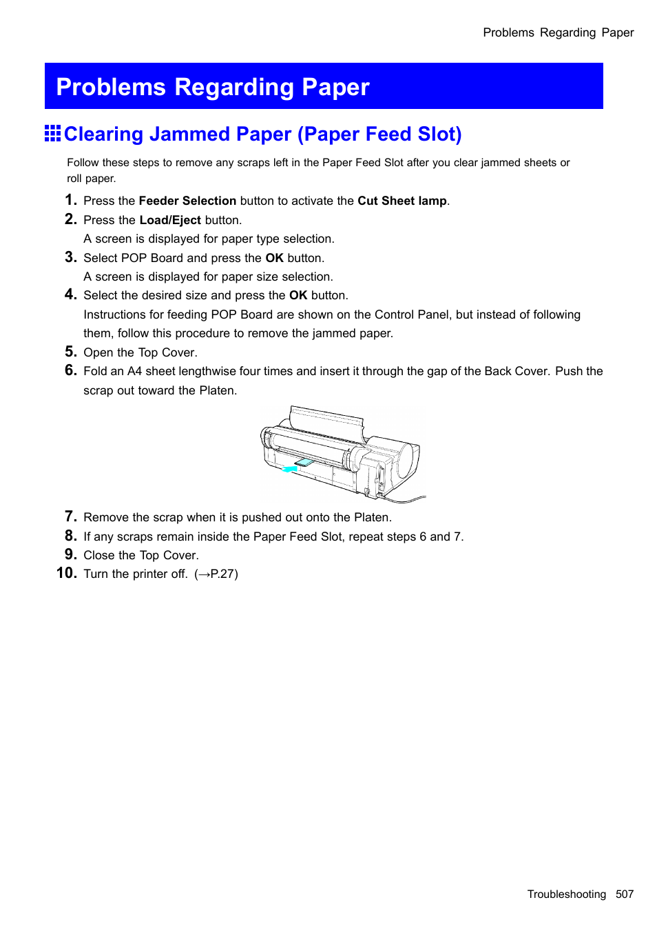 Problems regarding paper, Clearing jammed paper (paper feed slot) | Canon imagePROGRAF iPF605 User Manual | Page 521 / 578