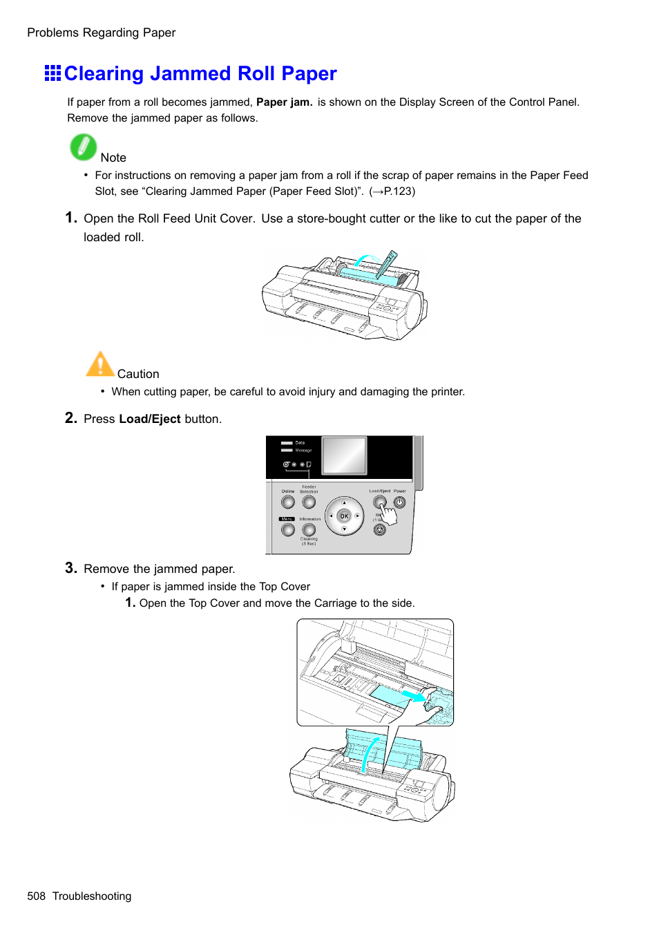 Clearing jammed roll paper | Canon imagePROGRAF iPF605 User Manual | Page 522 / 578