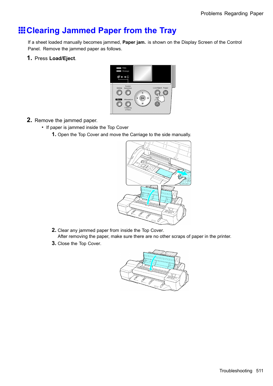 Clearing jammed paper from the tray | Canon imagePROGRAF iPF605 User Manual | Page 525 / 578