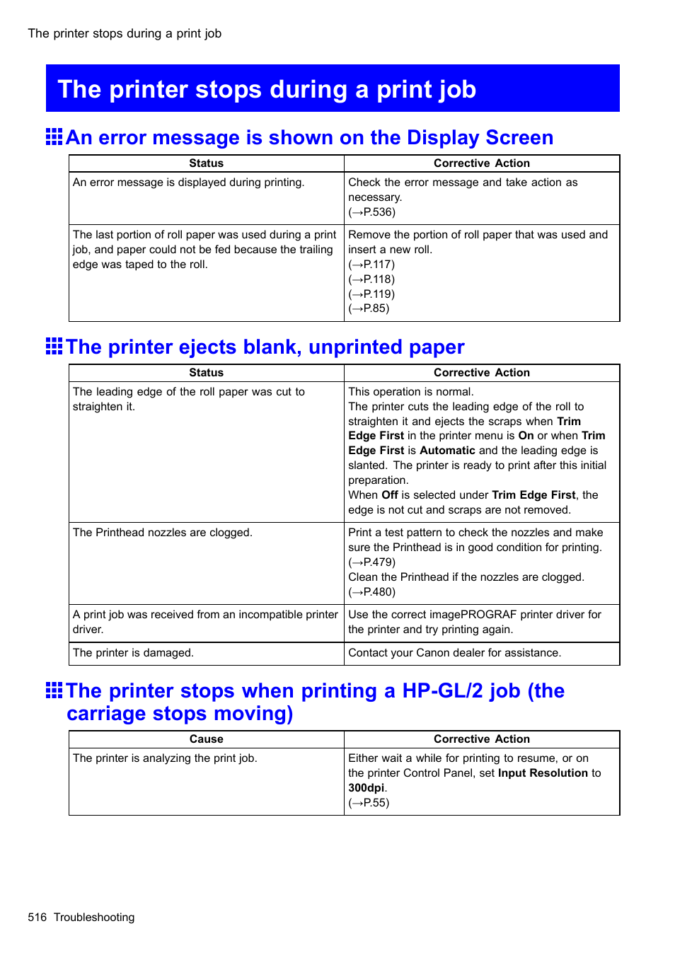 The printer stops during a print job, An error message is shown on the display screen, The printer ejects blank, unprinted paper | Canon imagePROGRAF iPF605 User Manual | Page 530 / 578
