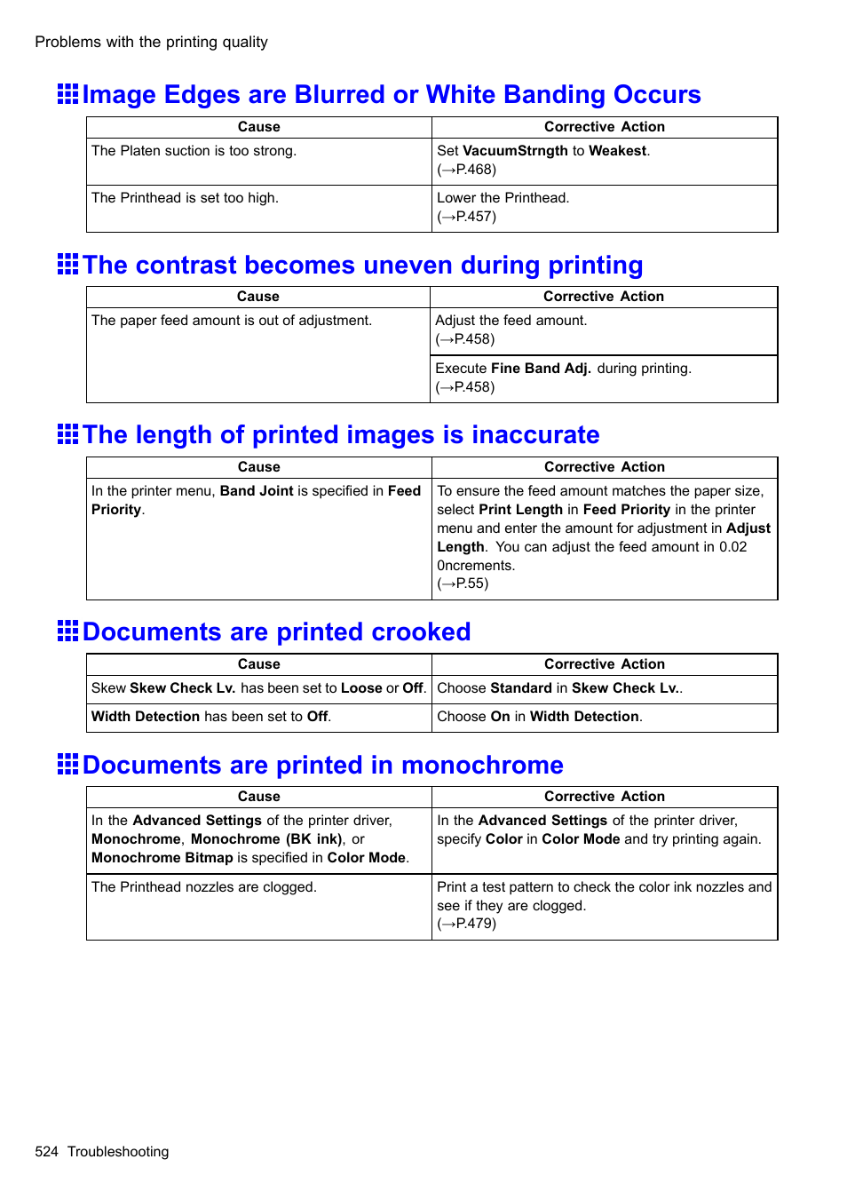 Image edges are blurred or white banding occurs, The contrast becomes uneven during printing, The length of printed images is inaccurate | Documents are printed crooked, Documents are printed in monochrome | Canon imagePROGRAF iPF605 User Manual | Page 538 / 578
