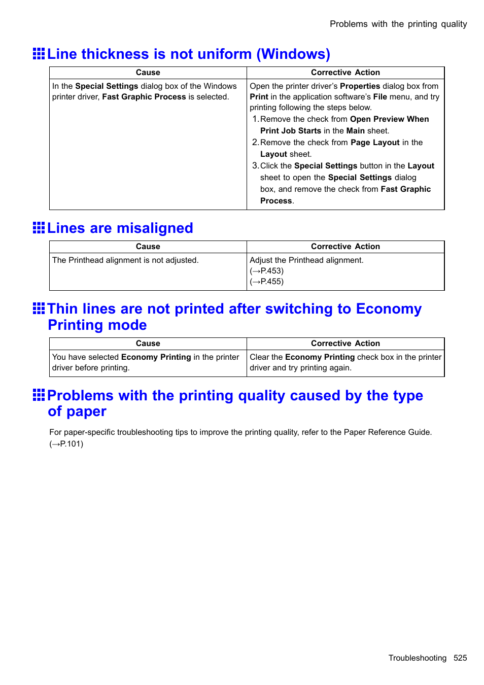 Line thickness is not uniform (windows), Lines are misaligned | Canon imagePROGRAF iPF605 User Manual | Page 539 / 578