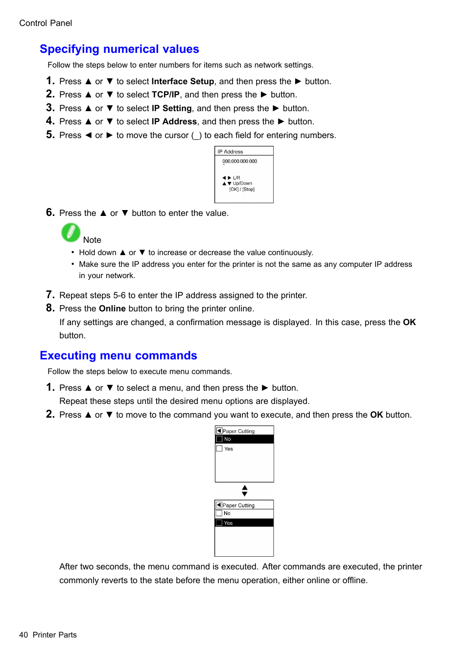 Specifying numerical values, Executing menu commands | Canon imagePROGRAF iPF605 User Manual | Page 54 / 578