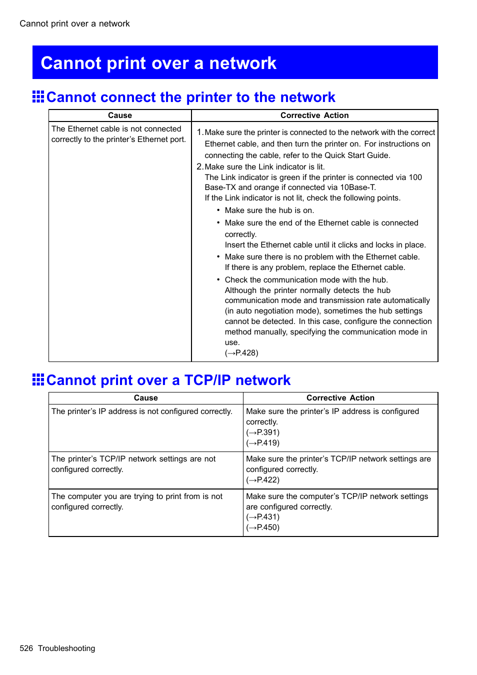 Cannot print over a network, Cannot connect the printer to the network, Cannot print over a tcp/ip network | Canon imagePROGRAF iPF605 User Manual | Page 540 / 578