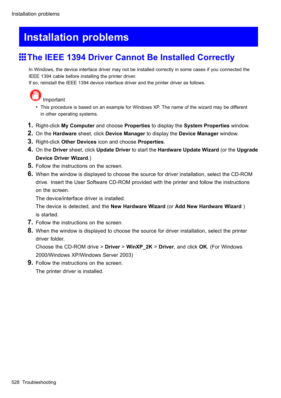 Installation problems, The ieee 1394 driver cannot be installed correctly | Canon imagePROGRAF iPF605 User Manual | Page 542 / 578