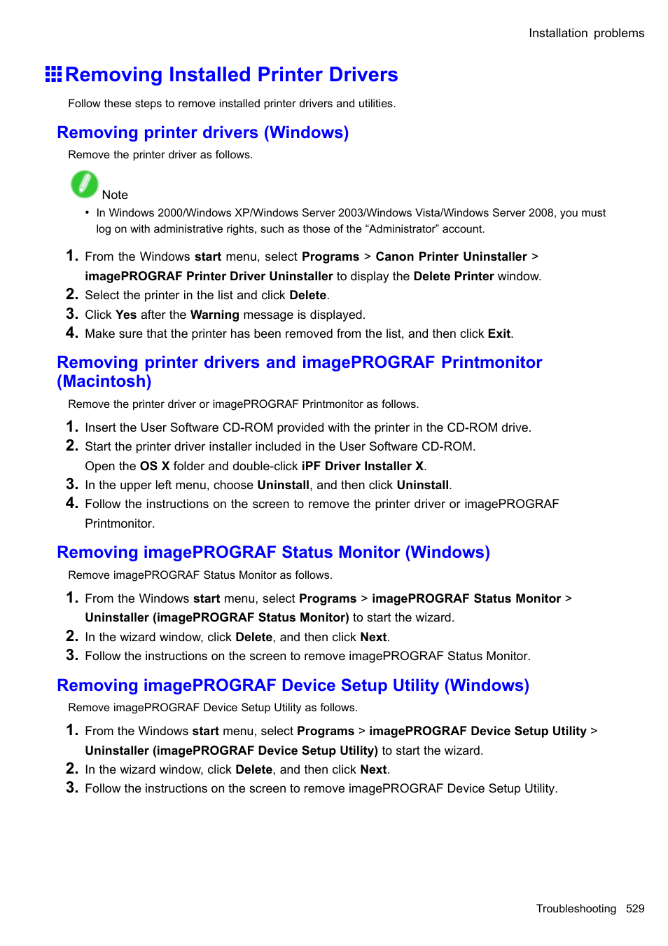 Removing installed printer drivers, Removing printer drivers (windows), Removing imageprograf status monitor (windows) | Canon imagePROGRAF iPF605 User Manual | Page 543 / 578