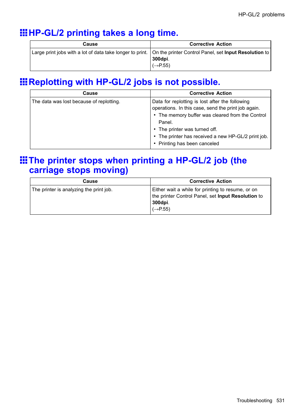Hp-gl/2 printing takes a long time, Replotting with hp-gl/2 jobs is not possible | Canon imagePROGRAF iPF605 User Manual | Page 545 / 578