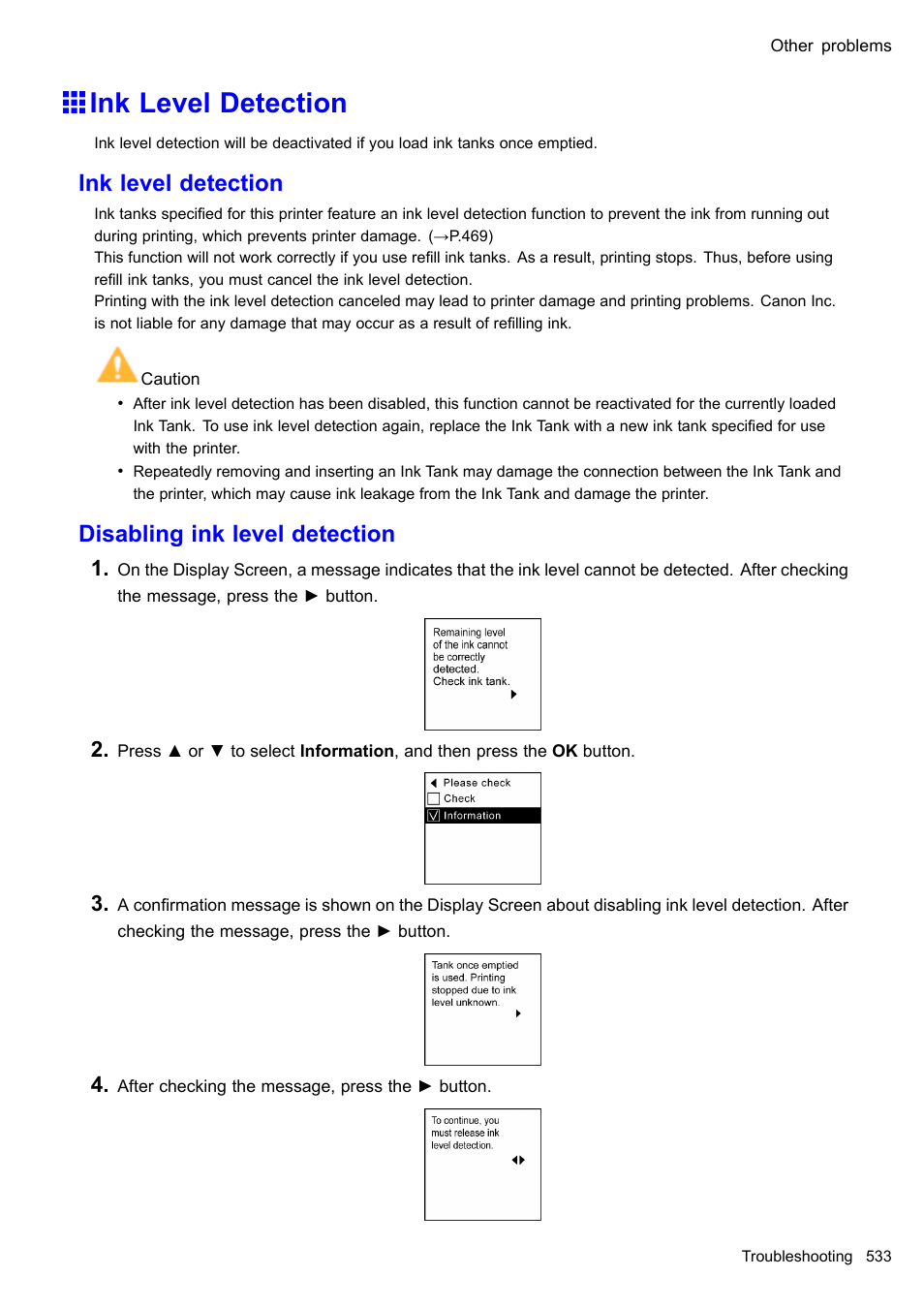 Ink level detection, Disabling ink level detection | Canon imagePROGRAF iPF605 User Manual | Page 547 / 578