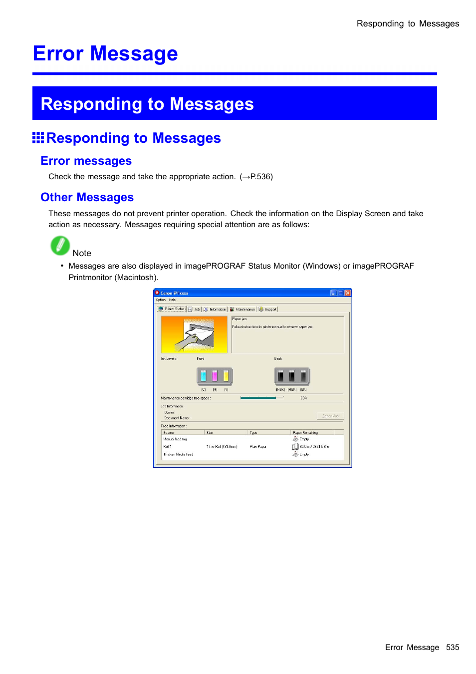 Error message, Responding to messages | Canon imagePROGRAF iPF605 User Manual | Page 549 / 578