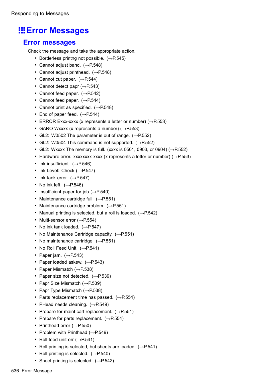 Error messages | Canon imagePROGRAF iPF605 User Manual | Page 550 / 578
