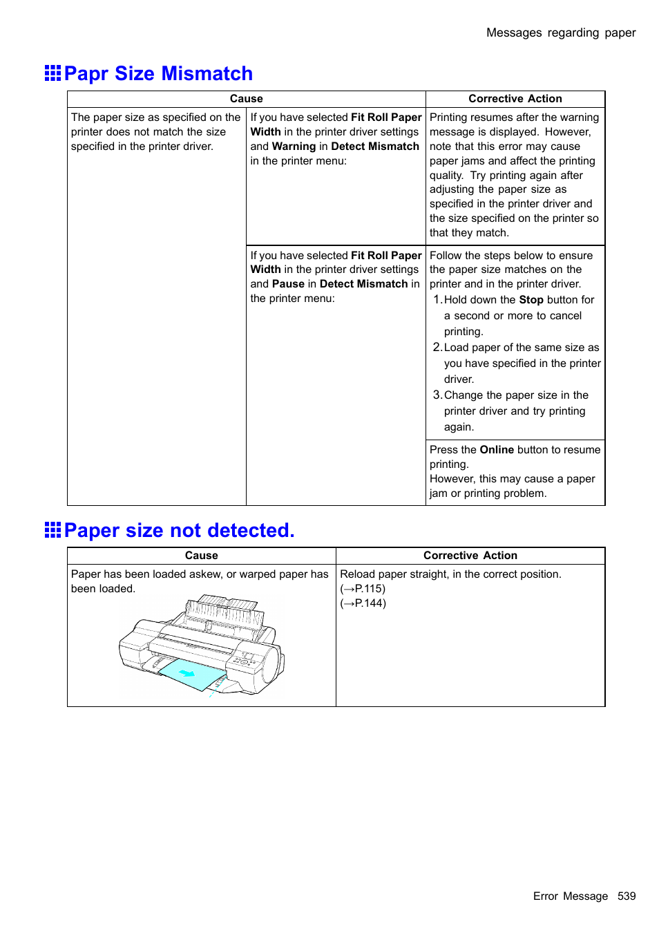 Papr size mismatch, Paper size not detected | Canon imagePROGRAF iPF605 User Manual | Page 553 / 578