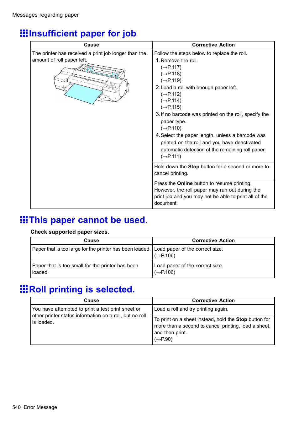 Insufficient paper for job, This paper cannot be used, Roll printing is selected | Insufcient paper for job | Canon imagePROGRAF iPF605 User Manual | Page 554 / 578