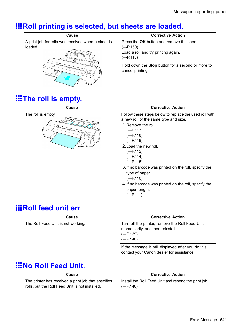 Roll printing is selected, but sheets are loaded, The roll is empty, Roll feed unit err | No roll feed unit | Canon imagePROGRAF iPF605 User Manual | Page 555 / 578