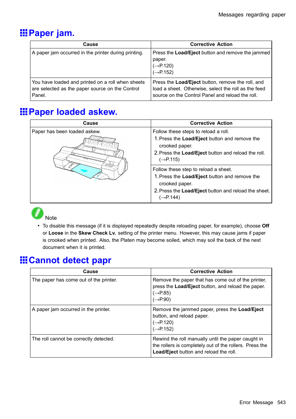 Paper jam, Paper loaded askew, Cannot detect papr | Canon imagePROGRAF iPF605 User Manual | Page 557 / 578