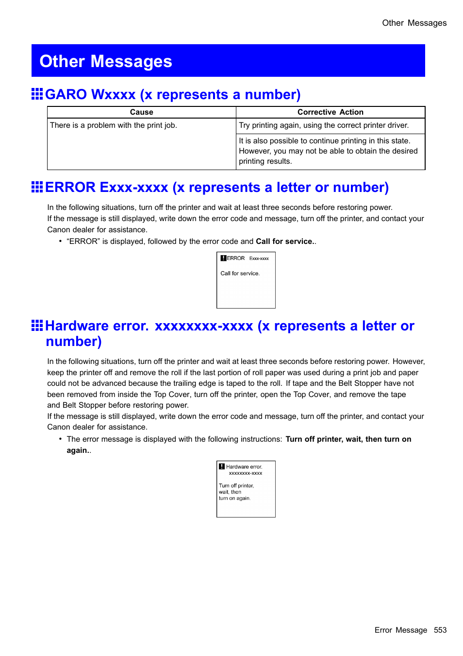 Other messages, Garo wxxxx (x represents a number), Error exxx-xxxx (x represents a letter or number) | Canon imagePROGRAF iPF605 User Manual | Page 567 / 578