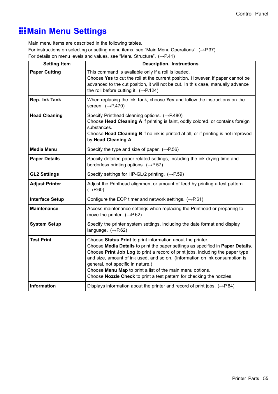Main menu settings | Canon imagePROGRAF iPF605 User Manual | Page 69 / 578