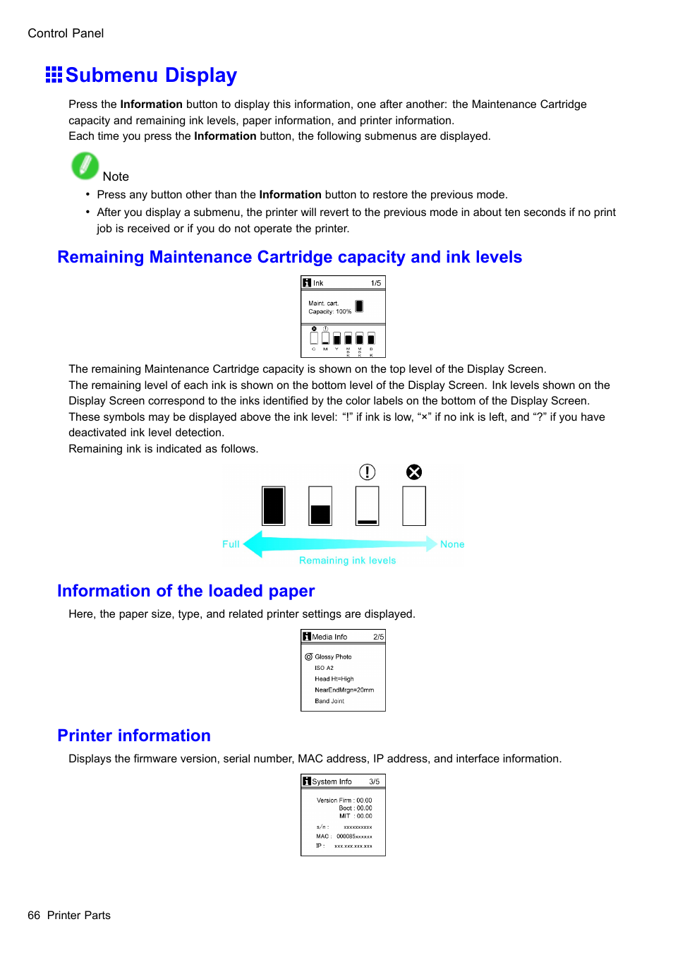 Submenu display, Information of the loaded paper, Printer information | Canon imagePROGRAF iPF605 User Manual | Page 80 / 578