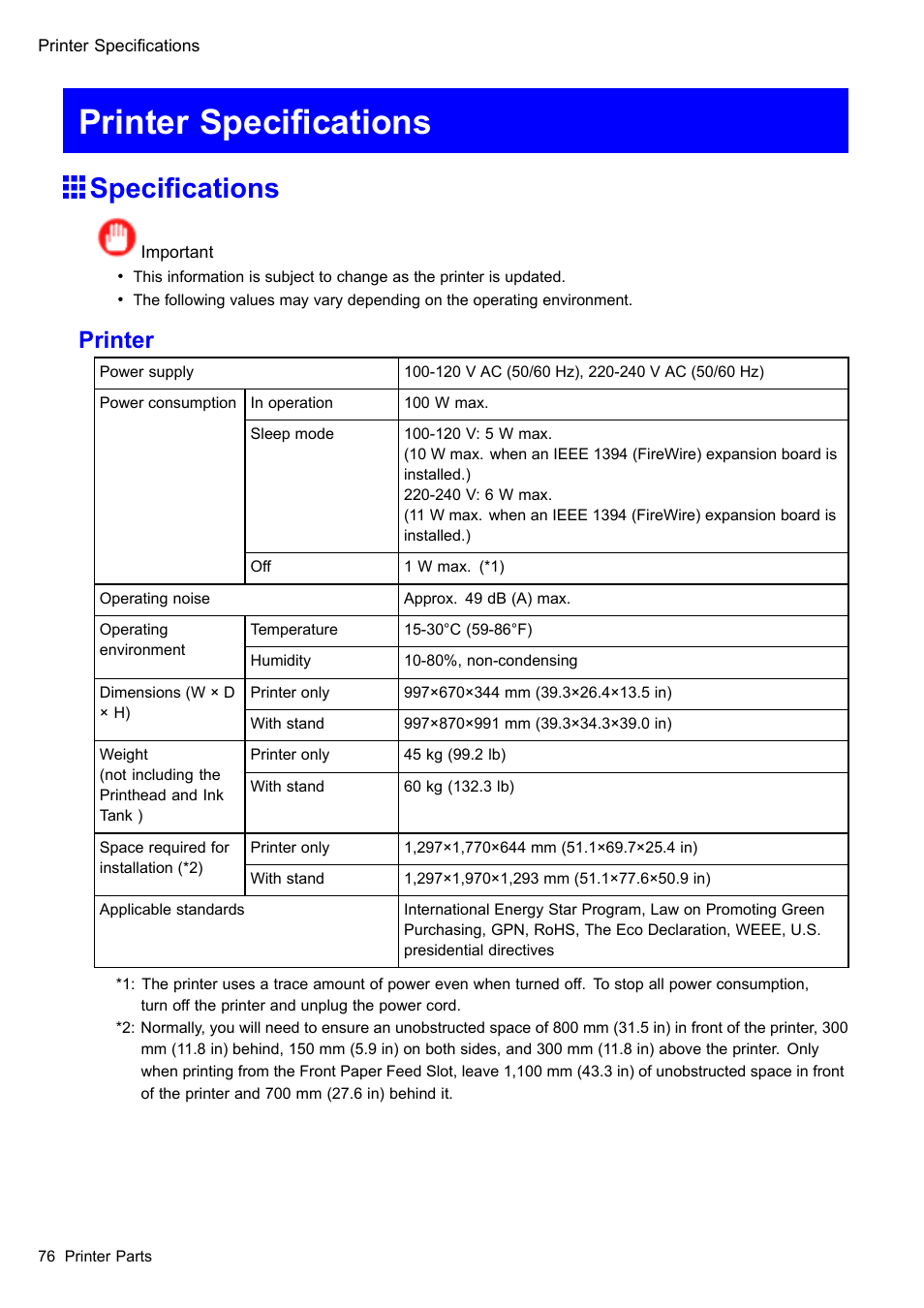 Printer specifications, Specifications, Printer specications | Specications, Printer | Canon imagePROGRAF iPF605 User Manual | Page 90 / 578